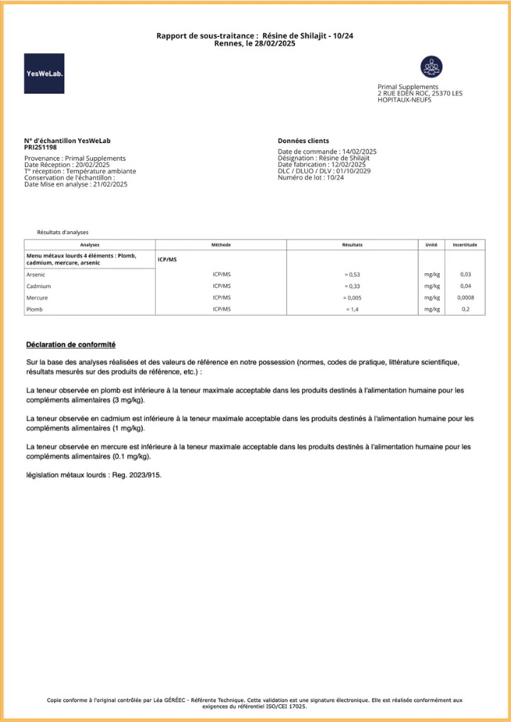 Certificat de laboratoire - Test métaux lourds